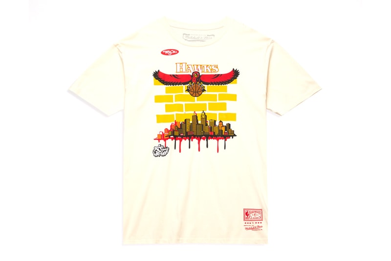 Mitchell & Ness x TATS CRU Link for Hip-Hop 50 Capsule basketball teams cities honored in the capsule include New York, New Jersey, Atlanta, Chicago, Miami, Detroit, Los Angeles, and heat pistons Philadelphia nba season knicks bulls sixers lakers nets goat kobe anniversary major metropolitan cities rap hip hop culture