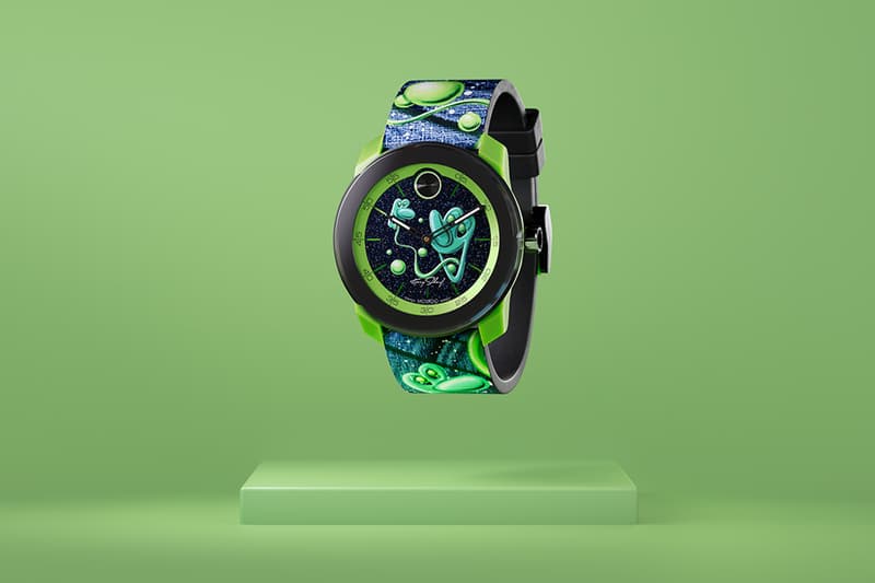 Movado and Kenny Scharf Unveil Exclusive Capsule necklace, bracelet, watch, blue, pink, green, black, white, orange, 