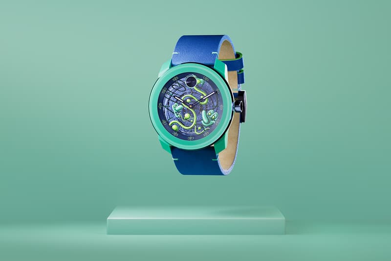 Movado and Kenny Scharf Unveil Exclusive Capsule necklace, bracelet, watch, blue, pink, green, black, white, orange, 