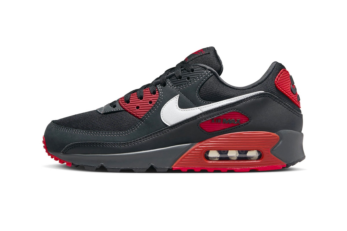 Nike Air Max 90 Gets Hit With "Anthracite/Mystic Red" FB9658-001 release info sneakers swoosh everyday black and red classic shoe 