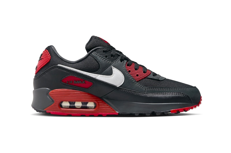 Nike Air Max 90 Gets Hit With "Anthracite/Mystic Red" FB9658-001 release info sneakers swoosh everyday black and red classic shoe 