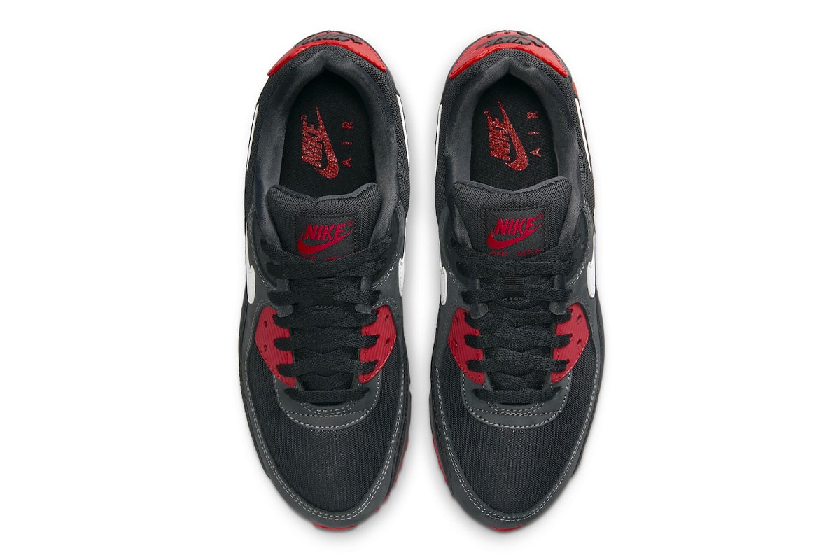 Nike Air Max 90 Gets Hit With "Anthracite/Mystic Red" FB9658-001 release info sneakers swoosh everyday black and red classic shoe 