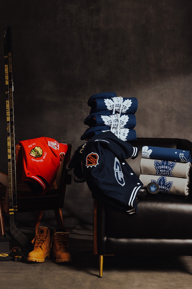 OVO's Original Six NHL Capsule is Cold Boston Bruins, Chicago Blackhawks, Detroit Red Wings, Montreal Canadiens, New York Rangers and Toronto Maple Leafs stanley cup championship tie max domi chris chelios hoodie varsity jacket sports apparel merch collab beanie hat