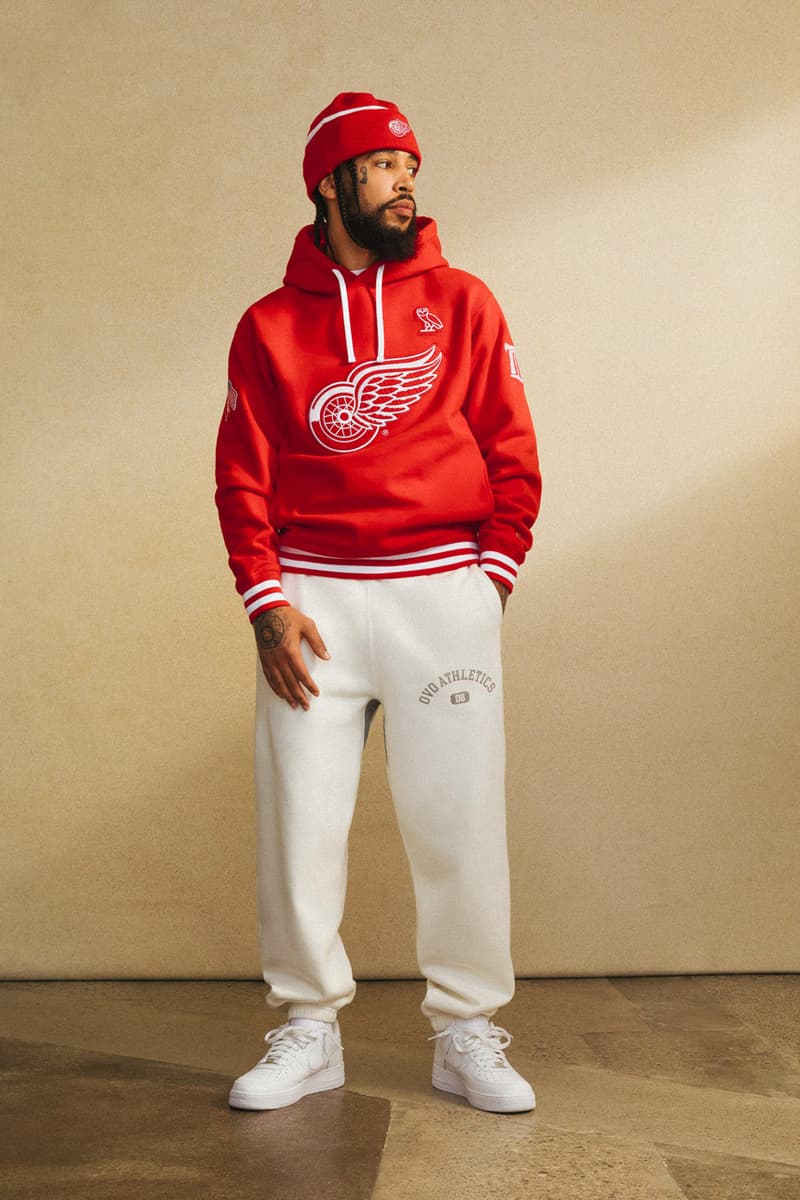 OVO's Original Six NHL Capsule is Cold Boston Bruins, Chicago Blackhawks, Detroit Red Wings, Montreal Canadiens, New York Rangers and Toronto Maple Leafs stanley cup championship tie max domi chris chelios hoodie varsity jacket sports apparel merch collab beanie hat