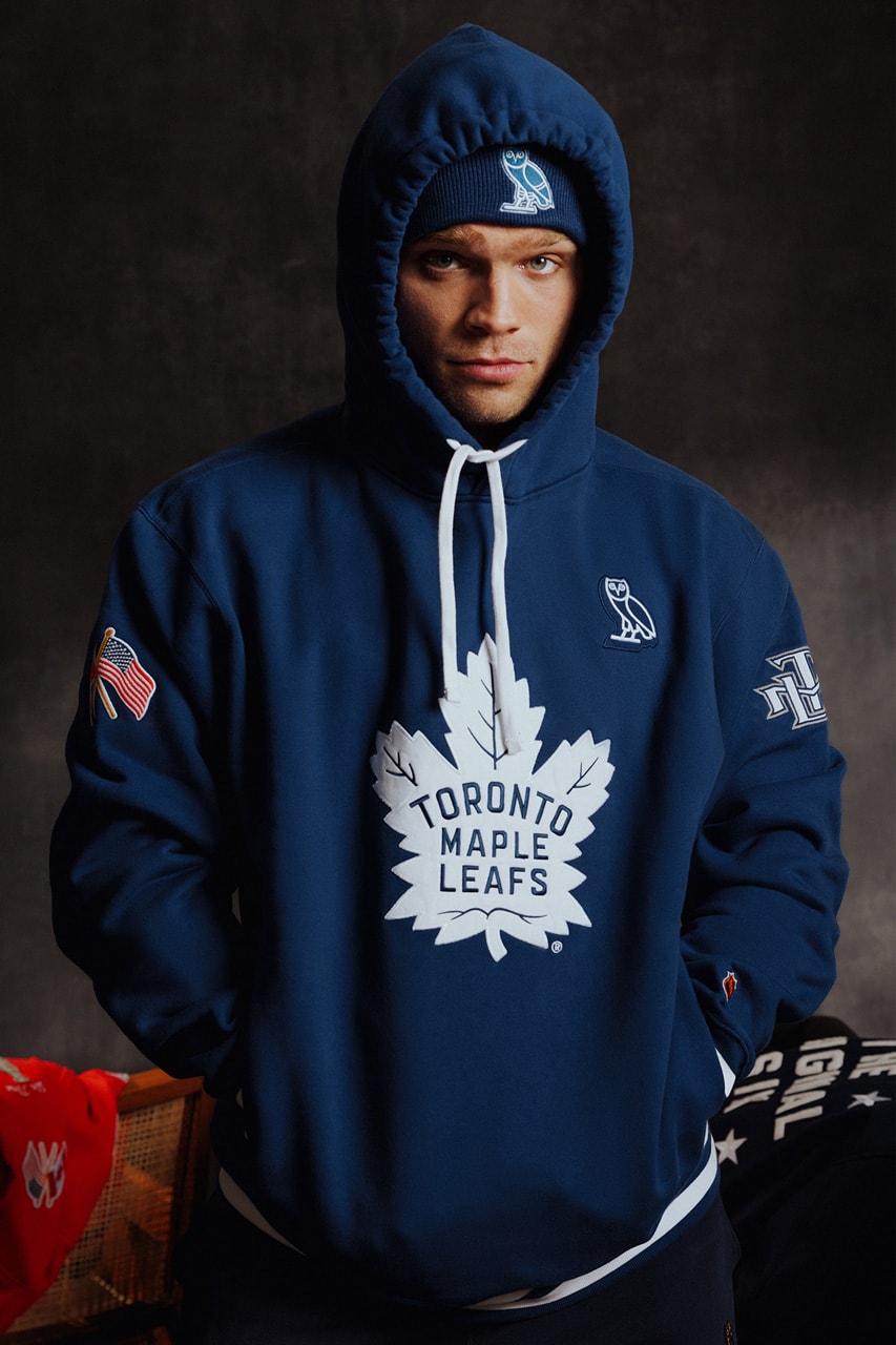 OVO's Original Six NHL Capsule is Cold Boston Bruins, Chicago Blackhawks, Detroit Red Wings, Montreal Canadiens, New York Rangers and Toronto Maple Leafs stanley cup championship tie max domi chris chelios hoodie varsity jacket sports apparel merch collab beanie hat
