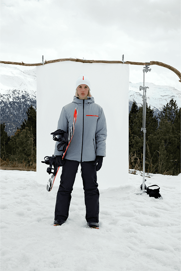 Prada Linea Rossa Fall Winter 2023 Campaign skiwear snowboard Engadin Switzerland snow Kris Lüdi