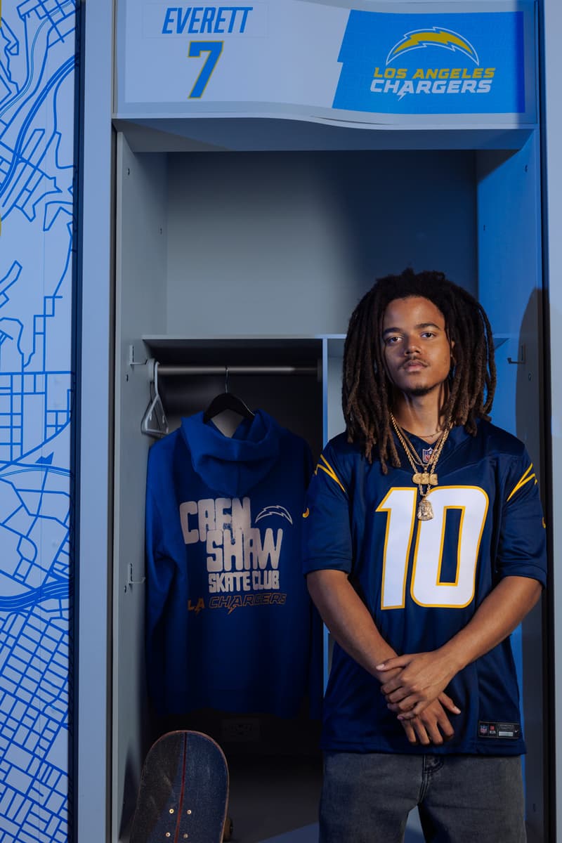 Crenshaw Skate Club Hits the Field for a Second LA Chargers Capsule los angeles nfl football capsule collab drop release price sofi stadium monday sunday night jacket lettermen sweatsuit hoodie pants soon skaters of one nation 