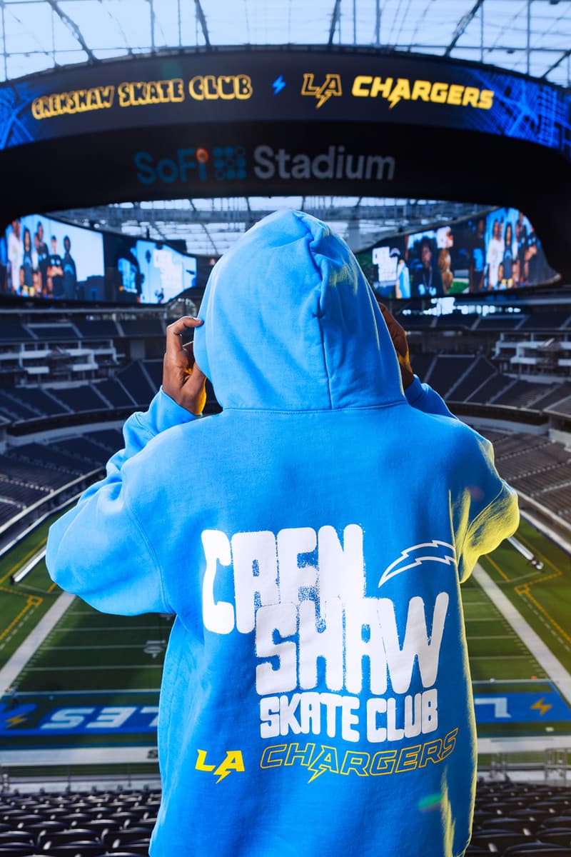 Crenshaw Skate Club Hits the Field for a Second LA Chargers Capsule los angeles nfl football capsule collab drop release price sofi stadium monday sunday night jacket lettermen sweatsuit hoodie pants soon skaters of one nation 