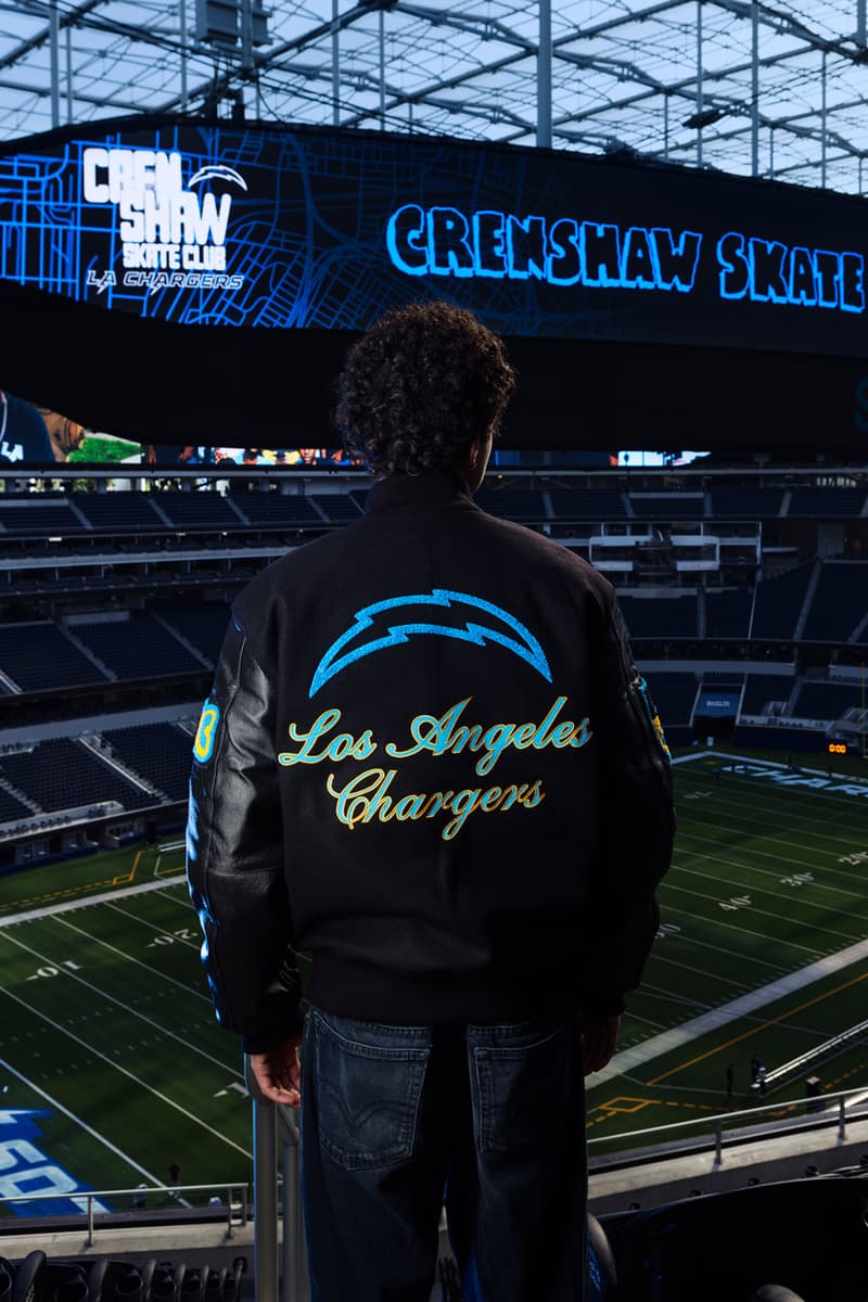 Crenshaw Skate Club Hits the Field for a Second LA Chargers Capsule los angeles nfl football capsule collab drop release price sofi stadium monday sunday night jacket lettermen sweatsuit hoodie pants soon skaters of one nation 