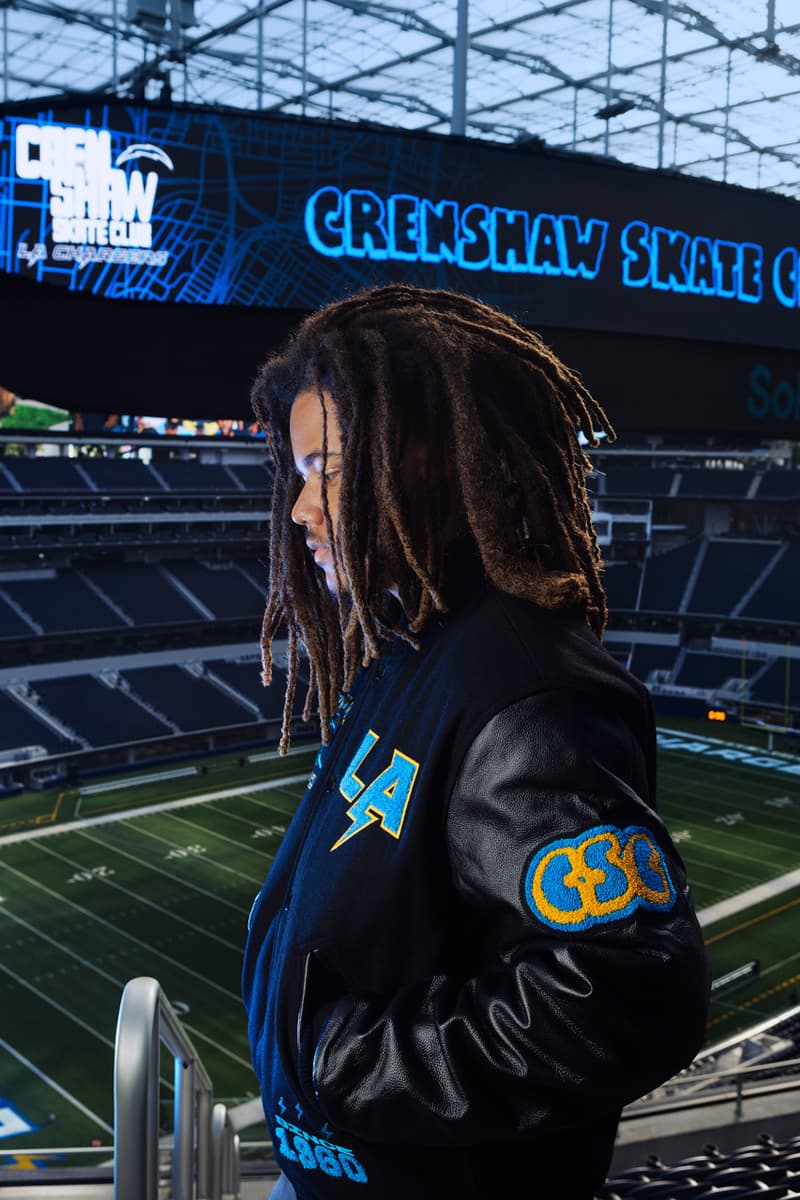 Crenshaw Skate Club Hits the Field for a Second LA Chargers Capsule los angeles nfl football capsule collab drop release price sofi stadium monday sunday night jacket lettermen sweatsuit hoodie pants soon skaters of one nation 