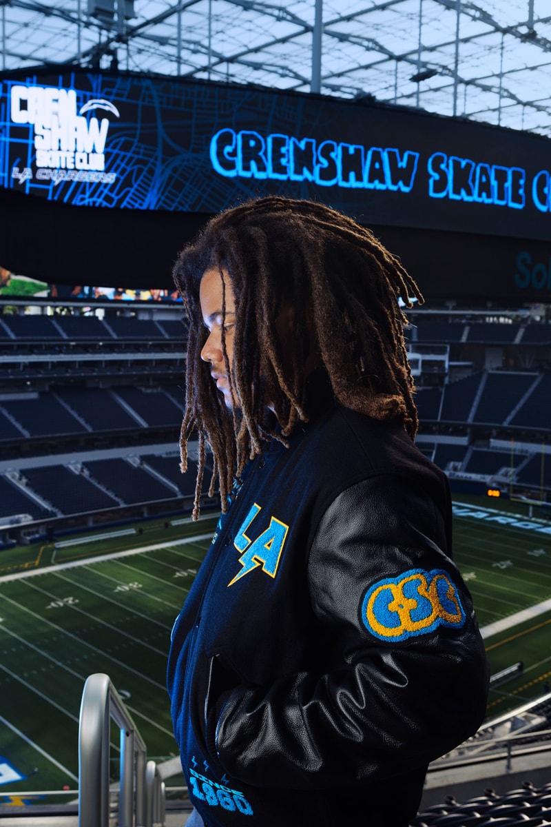 Crenshaw Skate Club Hits the Field for a Second LA Chargers Capsule los angeles nfl football capsule collab drop release price sofi stadium monday sunday night jacket lettermen sweatsuit hoodie pants soon skaters of one nation 