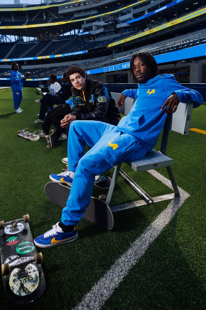 Crenshaw Skate Club Hits the Field for a Second LA Chargers Capsule los angeles nfl football capsule collab drop release price sofi stadium monday sunday night jacket lettermen sweatsuit hoodie pants soon skaters of one nation 