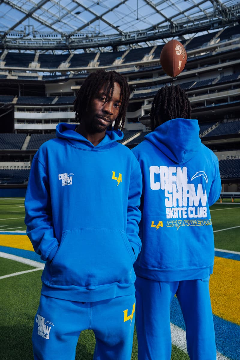 Crenshaw Skate Club Hits the Field for a Second LA Chargers Capsule los angeles nfl football capsule collab drop release price sofi stadium monday sunday night jacket lettermen sweatsuit hoodie pants soon skaters of one nation 