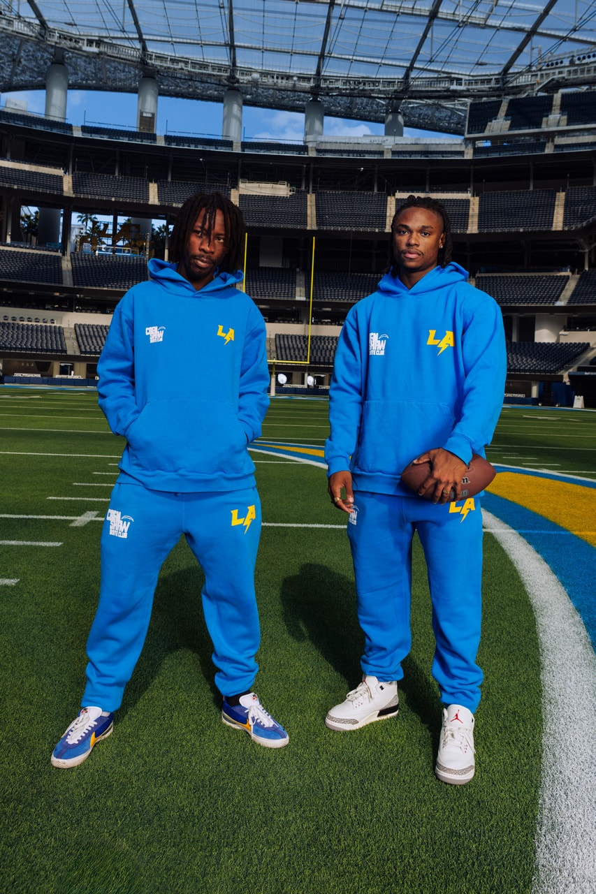 Crenshaw Skate Club Hits the Field for a Second LA Chargers Capsule los angeles nfl football capsule collab drop release price sofi stadium monday sunday night jacket lettermen sweatsuit hoodie pants soon skaters of one nation 