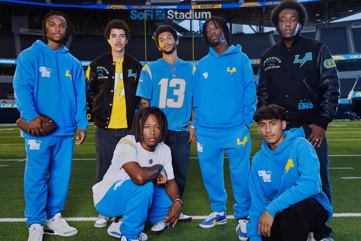 Crenshaw Skate Club Hits the Field for a Second LA Chargers Capsule los angeles nfl football capsule collab drop release price sofi stadium monday sunday night jacket lettermen sweatsuit hoodie pants soon skaters of one nation 