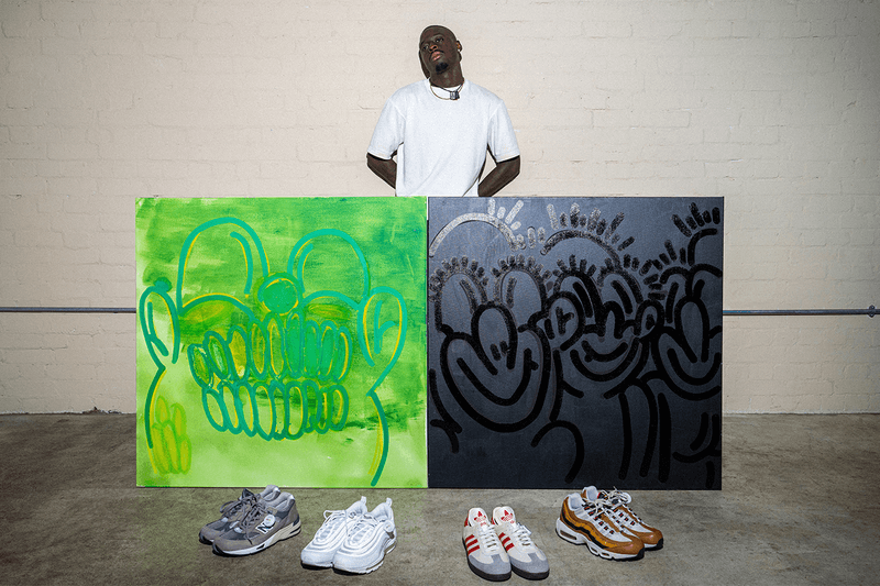 eBay Olaolu Slawn Sneaker Artwork Collaboration London uk artist Corteiz Nike Air Max 95 Gutta Green Nike Air Jordan 4 Black Cat