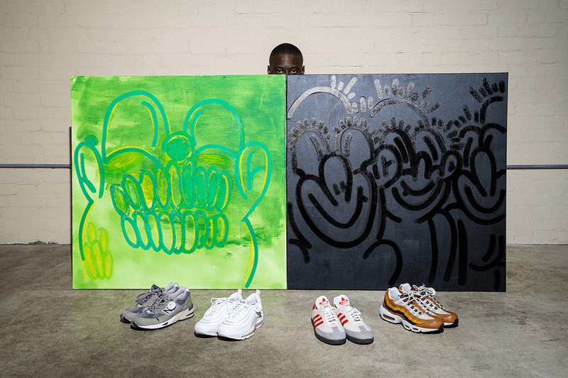 eBay Olaolu Slawn Sneaker Artwork Collaboration London uk artist Corteiz Nike Air Max 95 Gutta Green Nike Air Jordan 4 Black Cat