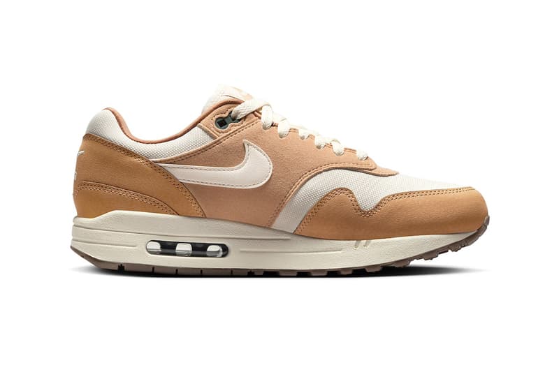 Official Look at the Nike Air Max 1 "Wheat" FZ3598-299 White/Wheat-Flax-Outdoor Green-Gum Medium Brown spring 2024 swoosh classic sneaker