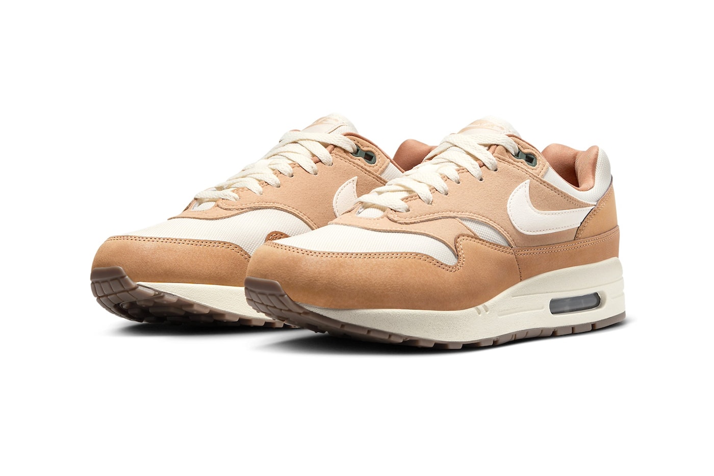 Official Look at the Nike Air Max 1 "Wheat" FZ3598-299 White/Wheat-Flax-Outdoor Green-Gum Medium Brown spring 2024 swoosh classic sneaker