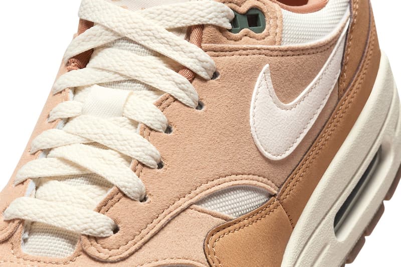 Official Look at the Nike Air Max 1 "Wheat" FZ3598-299 White/Wheat-Flax-Outdoor Green-Gum Medium Brown spring 2024 swoosh classic sneaker