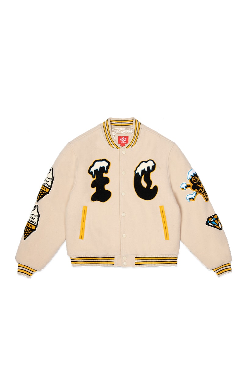 Pharrell's ICECREAM Releases the First second Delivery of Its Winter 2023 Collection varsity jacket diamonds dollars skateshake crewneck