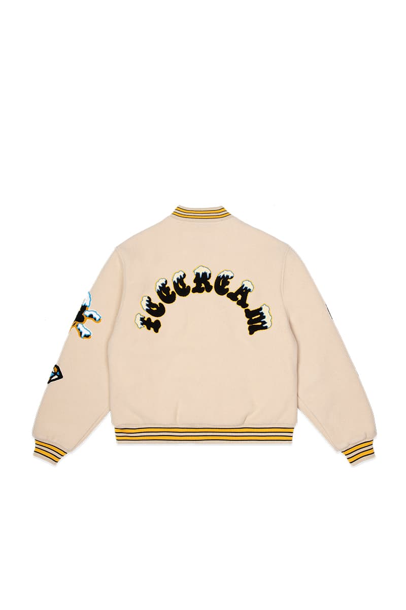 Pharrell's ICECREAM Releases the First second Delivery of Its Winter 2023 Collection varsity jacket diamonds dollars skateshake crewneck