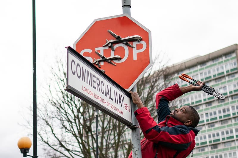 New Banksy Stop Sign Art Stolen Less Than an Hour After Unveiling peckham selfish south london southampton way commercial way military drones gaza palestine israel