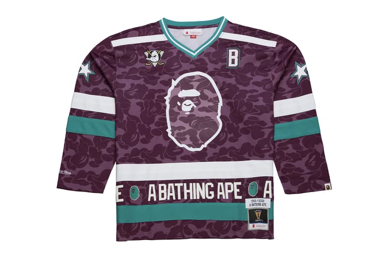 BAPE Teams up With Mitchell & Ness For New NHL Collaboration jersey beanies national hockey league Anaheim Ducks, New York Rangers, Los Angeles Kings, and Florida Panthers