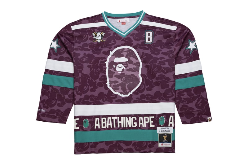 BAPE Teams up With Mitchell & Ness For New NHL Collaboration jersey beanies national hockey league Anaheim Ducks, New York Rangers, Los Angeles Kings, and Florida Panthers