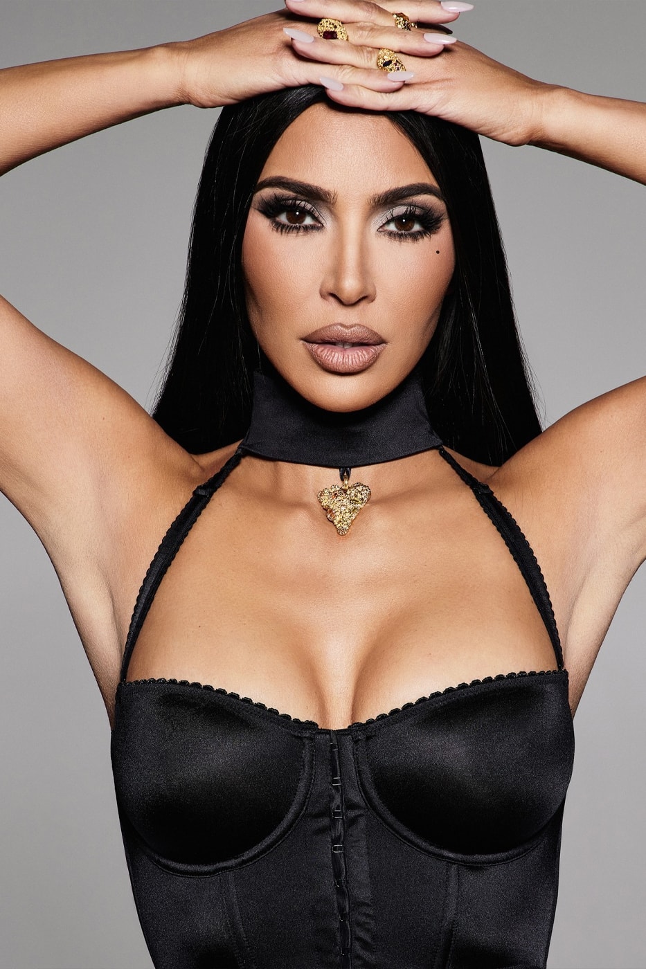Kim Kardashian Poses in Late Night Intimates for New Stretch Satin SKIMS Campaign Veneda Carter gold bold heart pendant lustruous kim k shape wear onyx