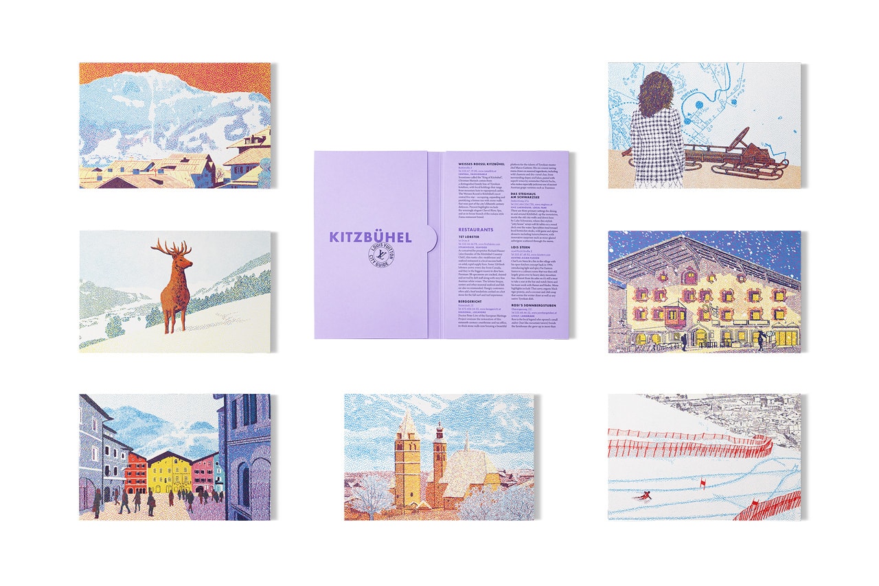 Louis Vuitton Hits the Slopes for Winter Resorts City Guide Box Set Courchevel, Cortina d'Ampezzo, Aspen, Gstaad, St. Moritz and – for the first time – Kitzbühel and Crans-Montana, curated by illustrators Tom Haugomat, Sarah Mazzetti, Jochen Gerner, Simon Bailly, Lisa Mouchet, Giacomo Nanni and Fanny Blanc image release link price colorado europe image design travel 