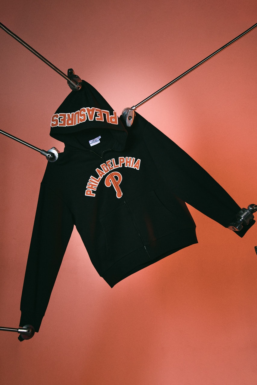 PLEASURES and MLB Run Back Another Capsule fanatics San Francisco Giants, the New York Yankees, the Chicago White Sox, the Los Angeles Dodgers the Chicago Cubs, the New York Mets and the Philadelphia Phillies. varsity jacket knitwear outerwear hoodie fleece release purchase 