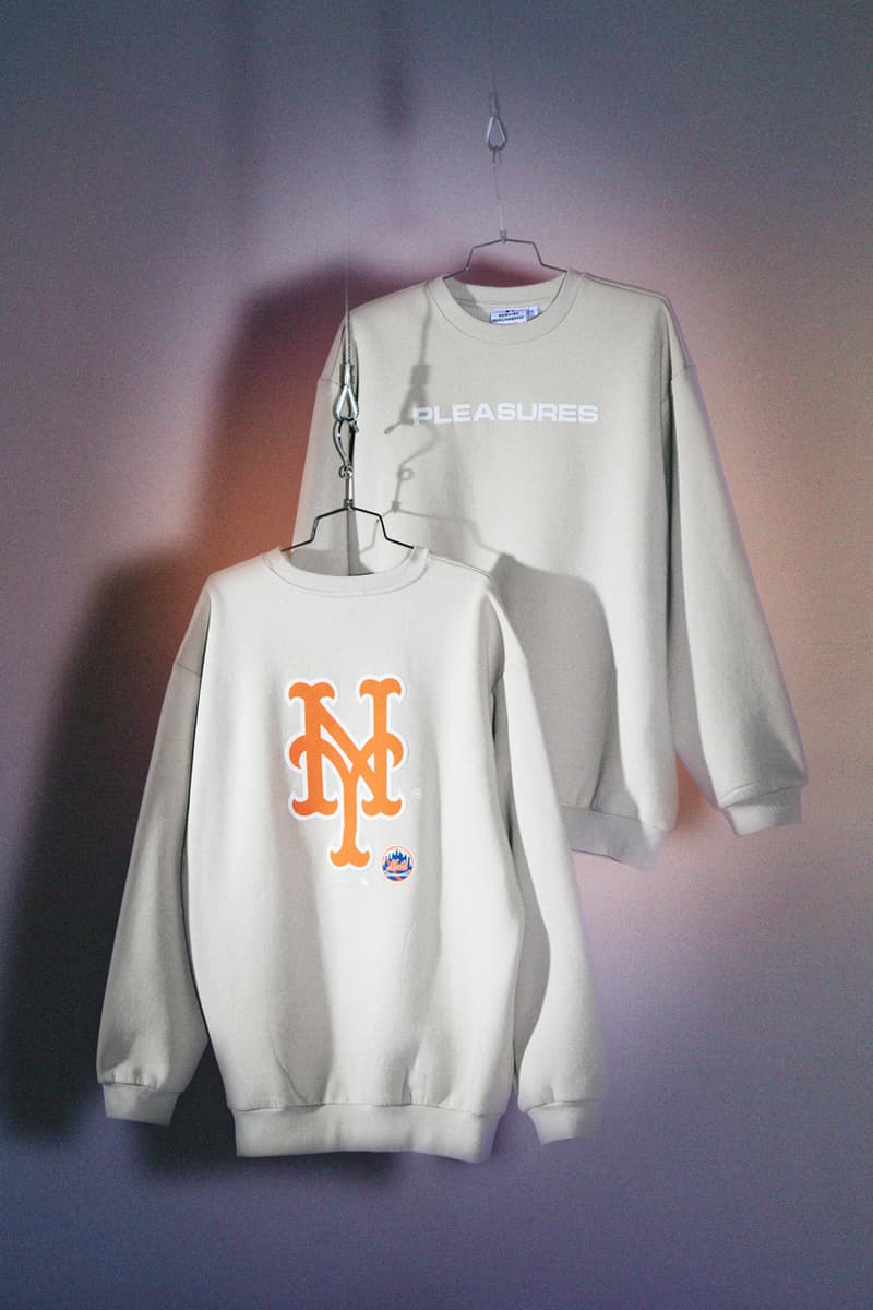 PLEASURES and MLB Run Back Another Capsule fanatics San Francisco Giants, the New York Yankees, the Chicago White Sox, the Los Angeles Dodgers the Chicago Cubs, the New York Mets and the Philadelphia Phillies. varsity jacket knitwear outerwear hoodie fleece release purchase 