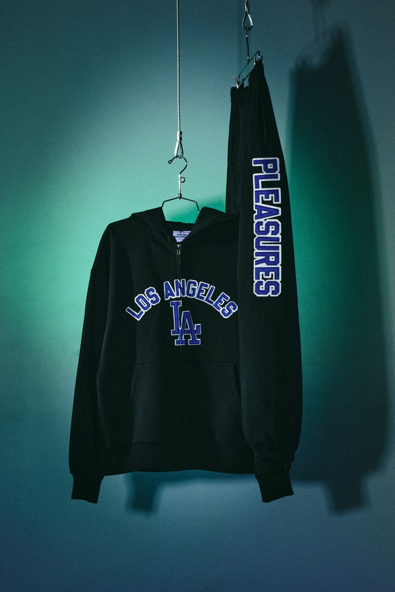 PLEASURES and MLB Run Back Another Capsule fanatics San Francisco Giants, the New York Yankees, the Chicago White Sox, the Los Angeles Dodgers the Chicago Cubs, the New York Mets and the Philadelphia Phillies. varsity jacket knitwear outerwear hoodie fleece release purchase 