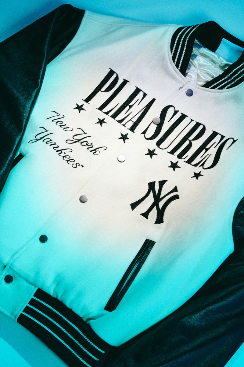 PLEASURES and MLB Run Back Another Capsule fanatics San Francisco Giants, the New York Yankees, the Chicago White Sox, the Los Angeles Dodgers the Chicago Cubs, the New York Mets and the Philadelphia Phillies. varsity jacket knitwear outerwear hoodie fleece release purchase 
