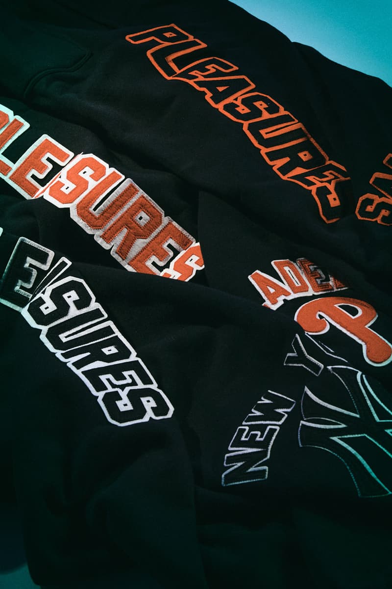 PLEASURES and MLB Run Back Another Capsule fanatics San Francisco Giants, the New York Yankees, the Chicago White Sox, the Los Angeles Dodgers the Chicago Cubs, the New York Mets and the Philadelphia Phillies. varsity jacket knitwear outerwear hoodie fleece release purchase 