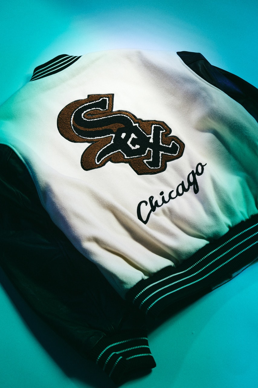 PLEASURES and MLB Run Back Another Capsule fanatics San Francisco Giants, the New York Yankees, the Chicago White Sox, the Los Angeles Dodgers the Chicago Cubs, the New York Mets and the Philadelphia Phillies. varsity jacket knitwear outerwear hoodie fleece release purchase 