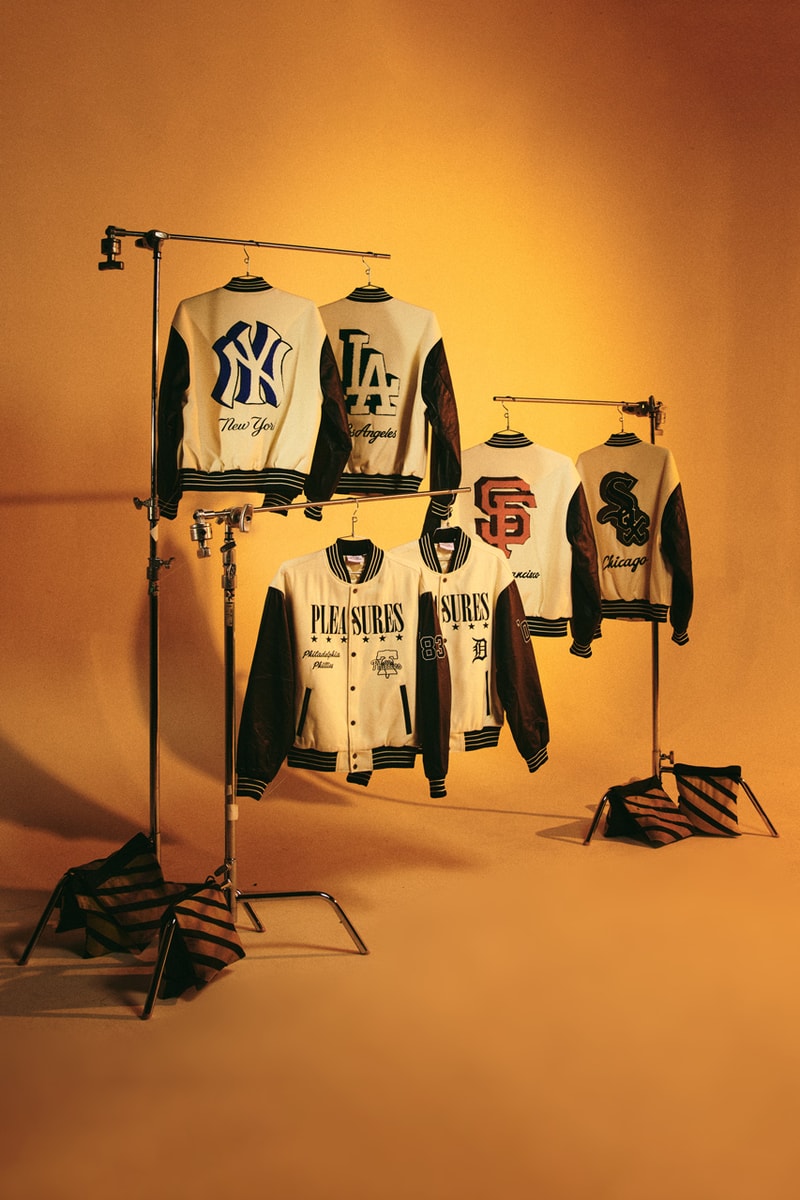PLEASURES and MLB Run Back Another Capsule fanatics San Francisco Giants, the New York Yankees, the Chicago White Sox, the Los Angeles Dodgers the Chicago Cubs, the New York Mets and the Philadelphia Phillies. varsity jacket knitwear outerwear hoodie fleece release purchase 
