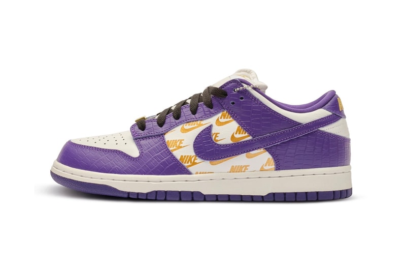 Sotheby's to Auction Supreme x Nike SB Dunk Low Court Purple Sample crocodile embossed leather gold stars low top swoosh