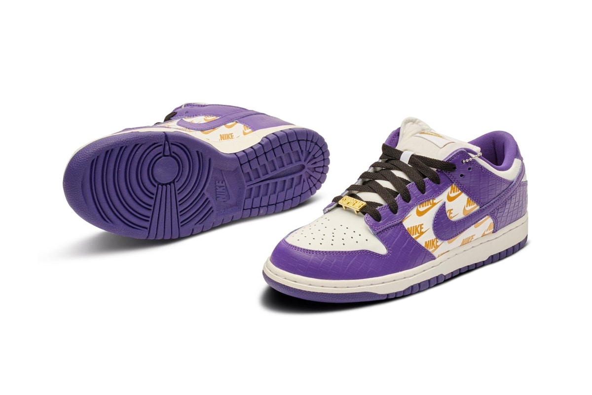 Sotheby's to Auction Supreme x Nike SB Dunk Low Court Purple Sample crocodile embossed leather gold stars low top swoosh