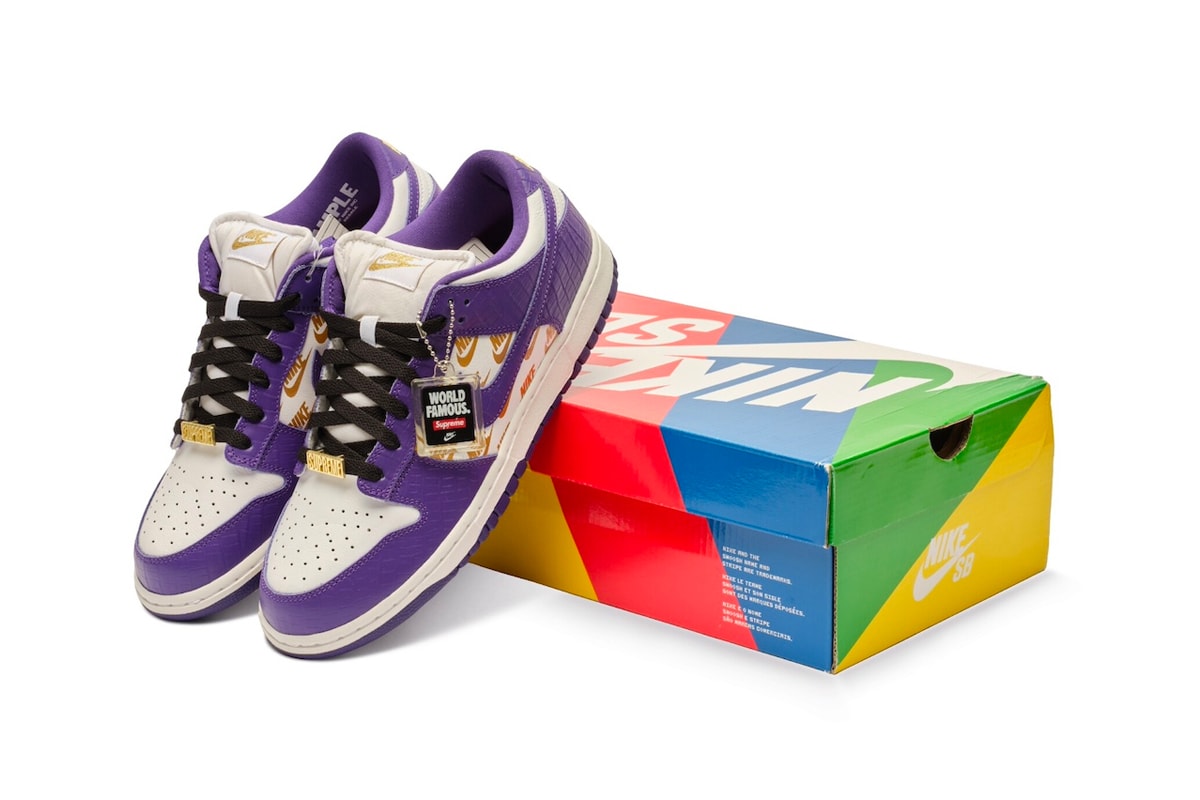 Sotheby's to Auction Supreme x Nike SB Dunk Low Court Purple Sample crocodile embossed leather gold stars low top swoosh