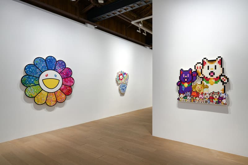 Check Out Takashi Murakami's Vibrant 'Still Lifes with Flowers' Exhibit kiki mr dob painting acrylic art shangai perrotin lucky cat vibrant flower