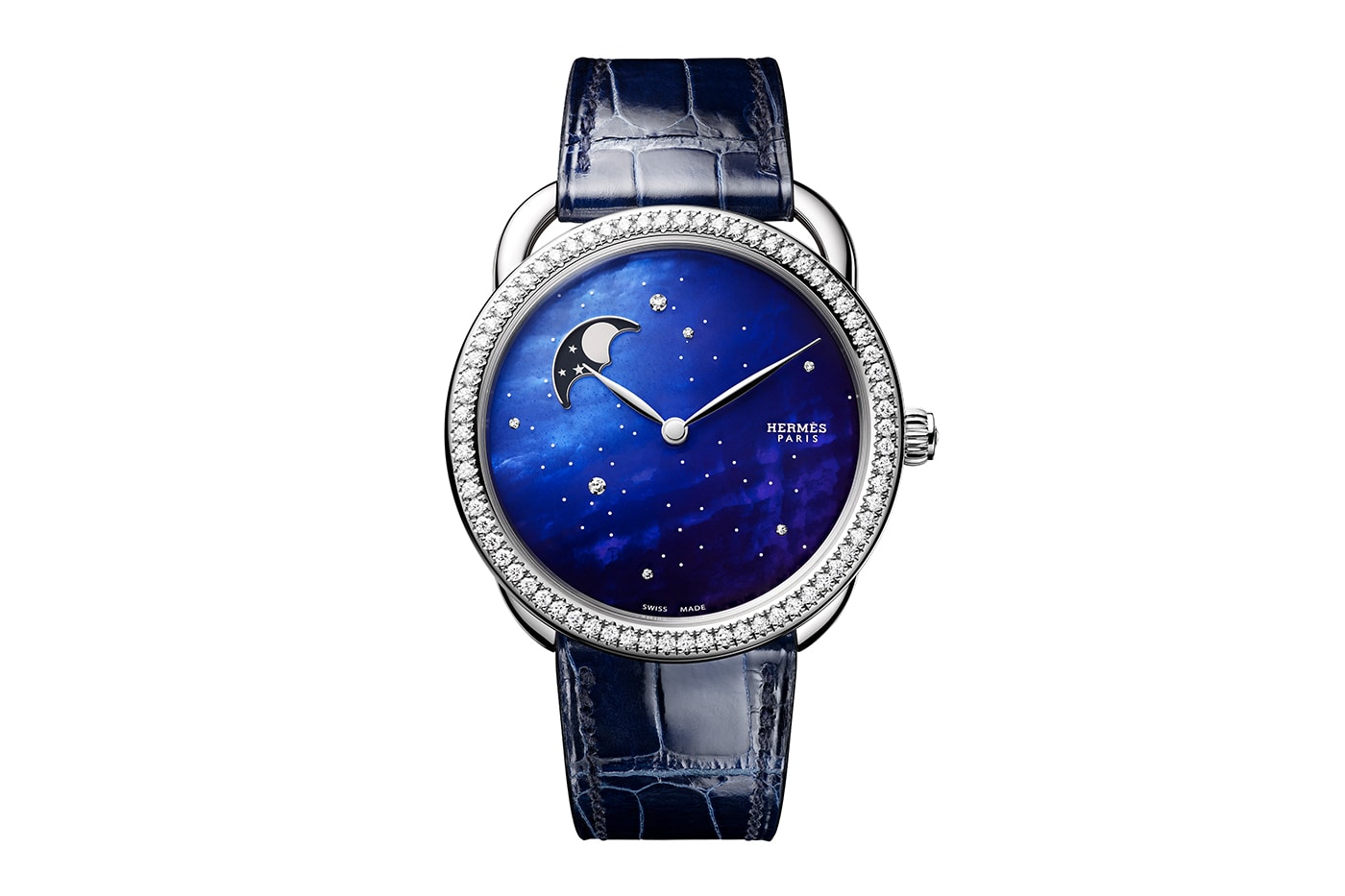 Hermès Arceau Petite Lune Ciel Étoilé Watch InfoFeaturing a diamond-set dial in a deep cestial blue gradient.