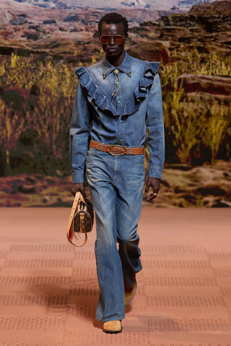Louis Vuitton Fall Winter 2024 Paris Fashion Week menswear Pharrell Williams runway show harmonica cowboy western motifs timbaland boots swae lee sioux mumford and sons miley cyrus new song