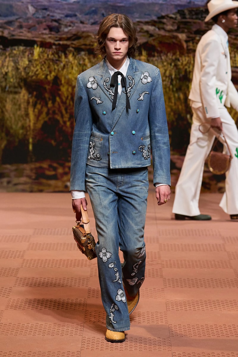 Louis Vuitton Fall Winter 2024 Paris Fashion Week menswear Pharrell Williams runway show harmonica cowboy western motifs timbaland boots swae lee sioux mumford and sons miley cyrus new song