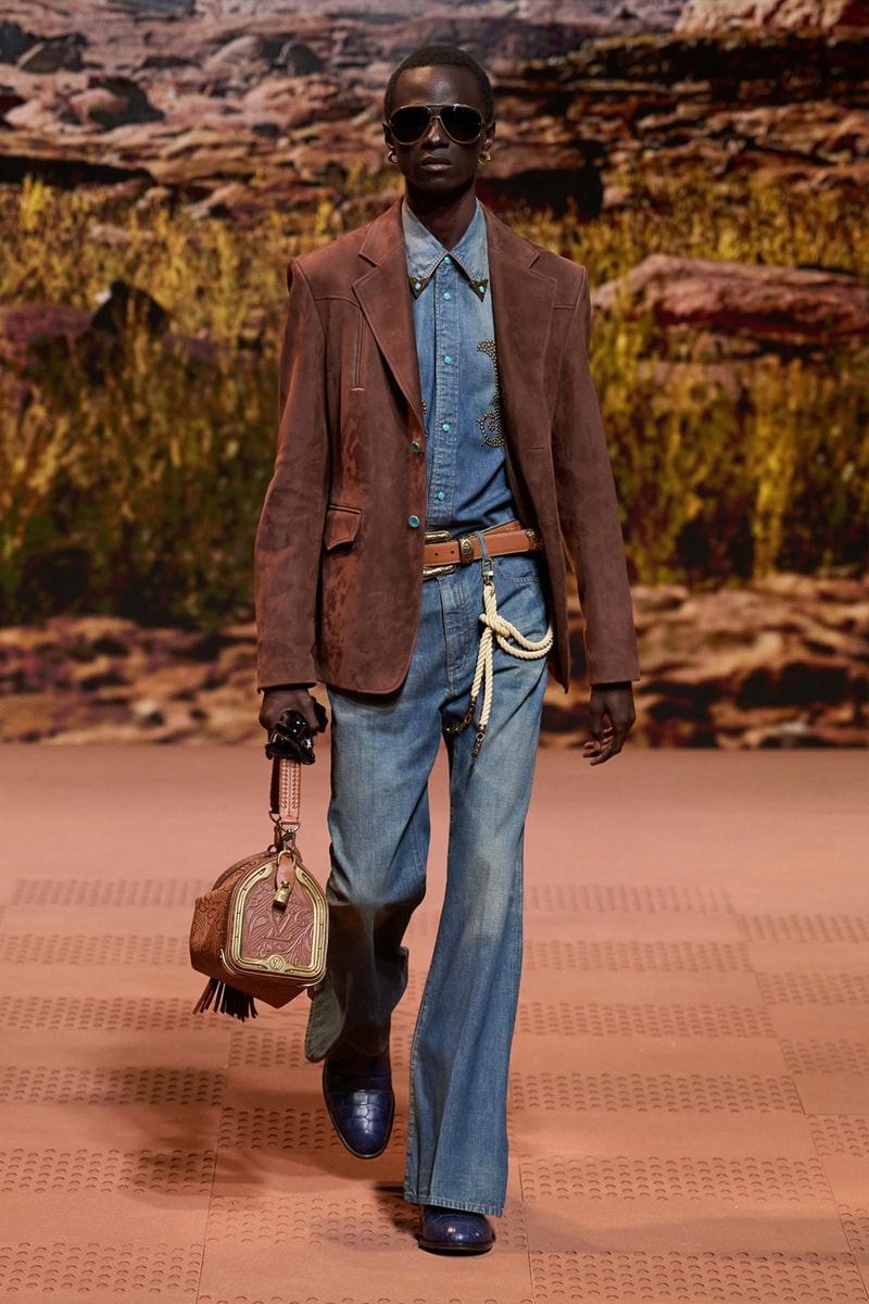 Louis Vuitton Fall Winter 2024 Paris Fashion Week menswear Pharrell Williams runway show harmonica cowboy western motifs timbaland boots swae lee sioux mumford and sons miley cyrus new song