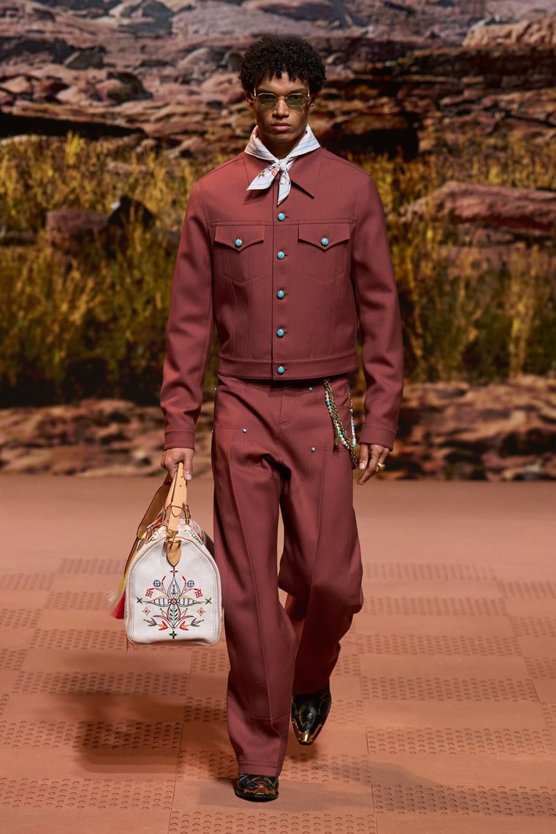 Louis Vuitton Fall Winter 2024 Paris Fashion Week menswear Pharrell Williams runway show harmonica cowboy western motifs timbaland boots swae lee sioux mumford and sons miley cyrus new song