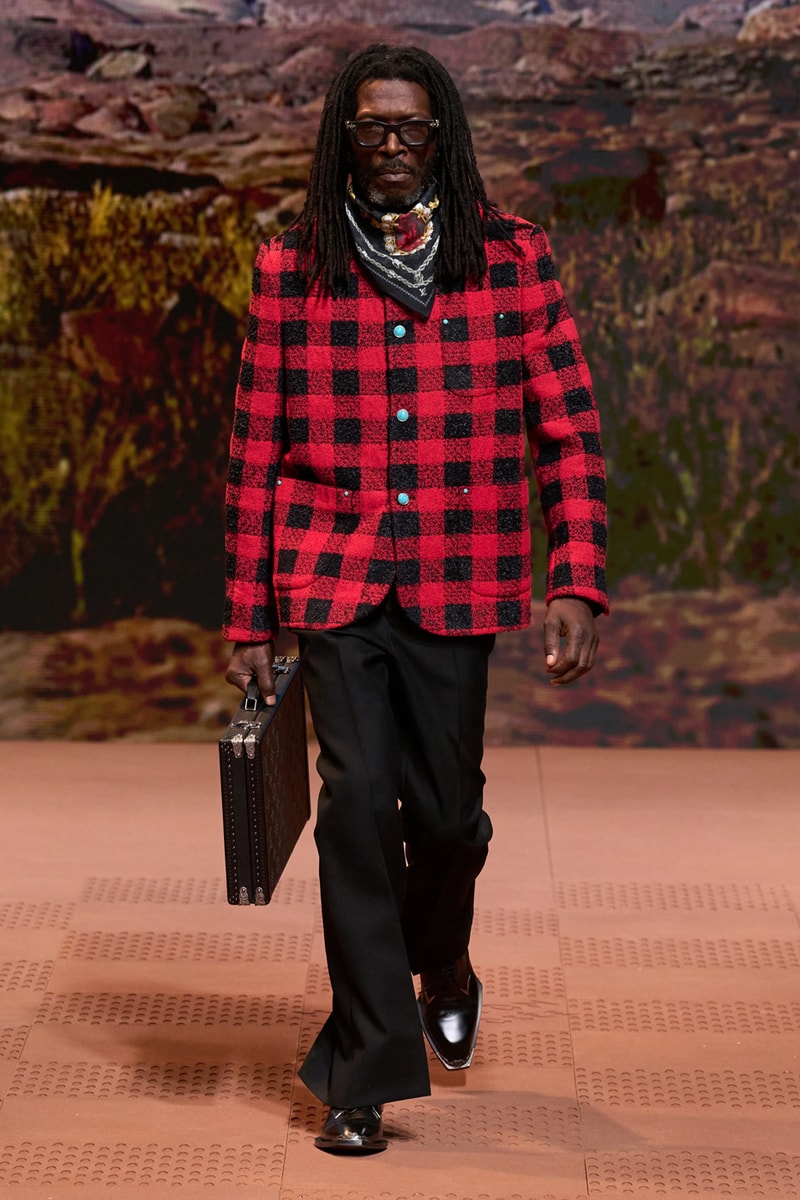 Louis Vuitton Fall Winter 2024 Paris Fashion Week menswear Pharrell Williams runway show harmonica cowboy western motifs timbaland boots swae lee sioux mumford and sons miley cyrus new song