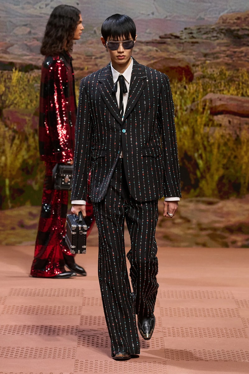 Louis Vuitton Fall Winter 2024 Paris Fashion Week menswear Pharrell Williams runway show harmonica cowboy western motifs timbaland boots swae lee sioux mumford and sons miley cyrus new song