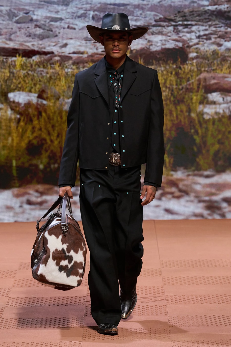 Louis Vuitton Fall Winter 2024 Paris Fashion Week menswear Pharrell Williams runway show harmonica cowboy western motifs timbaland boots swae lee sioux mumford and sons miley cyrus new song